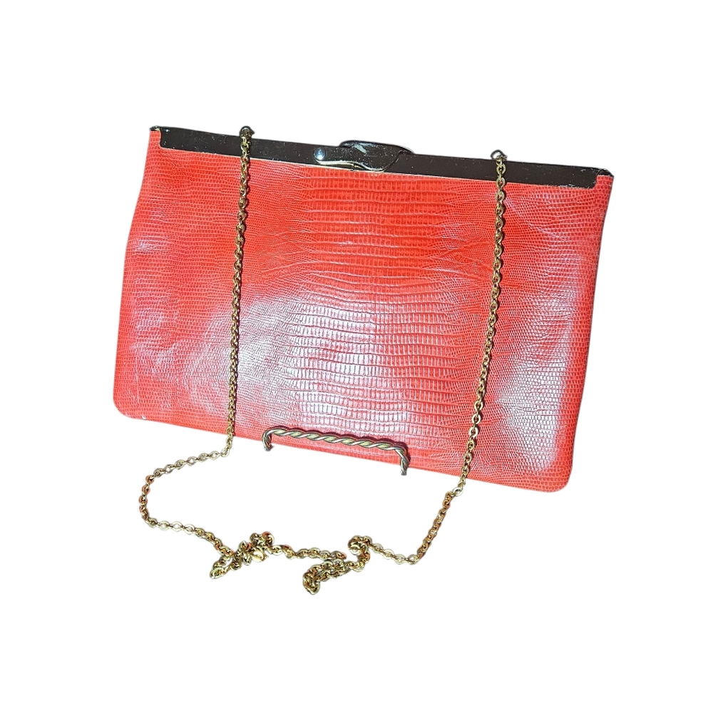 Elegant Red Leathet Vintage  Clutch with Gold Chain